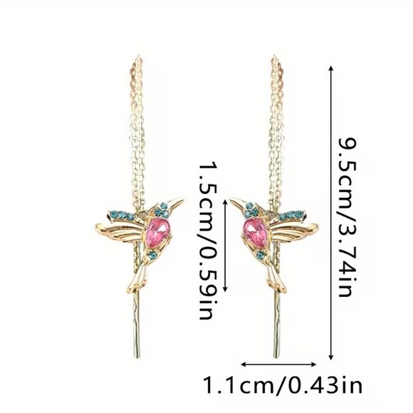 Hummingbird Earrings Bird Chain Dangle Colorful Glam Whimsical Sytlish Trendy - Picture 6 of 7